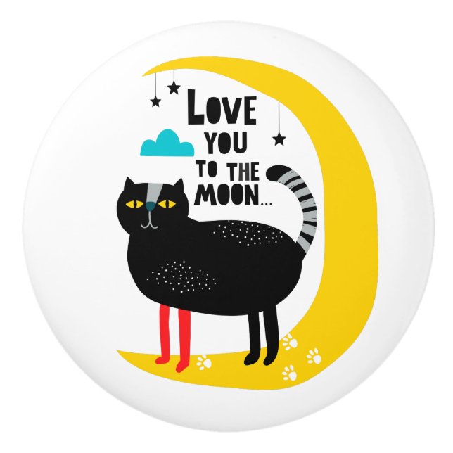 Bouton De Porte En Céramique Chat sur la lune (Devant)