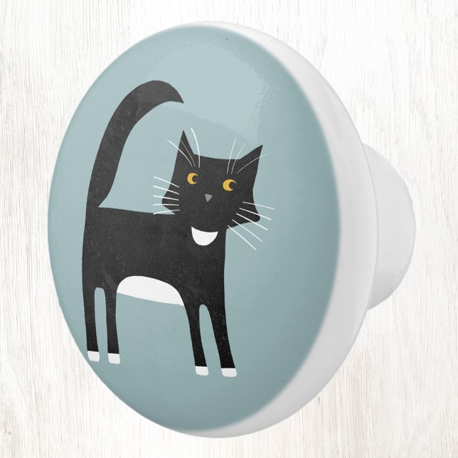 Bouton De Porte En Céramique Chat Tuxedo noir et blanc (Fun black and white tuxedo cat duck egg blue ceramic door knob for animal and pet lovers)