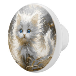 Bouton De Porte En Céramique Chaton blanc précieux