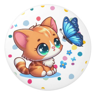 Bouton De Porte En Céramique Chaton/chat mignon & papillon