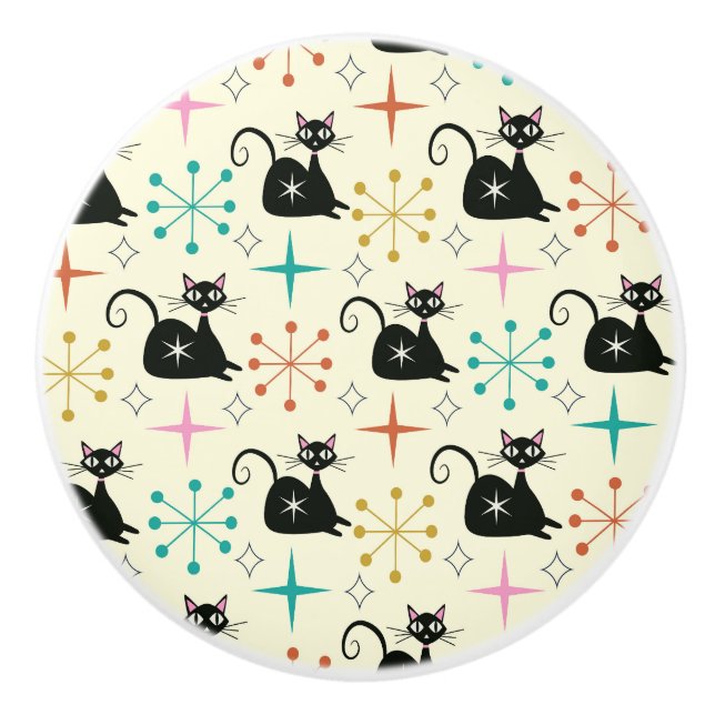 Bouton De Porte En Céramique Chats atomiques du milieu du siècle avec Starburst (Devant)