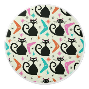 Bouton De Porte En Céramique Chats atomiques noirs du milieu du siècle avec Boo