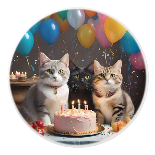 Bouton De Porte En Céramique Chats d'anniversaire, (Devant)