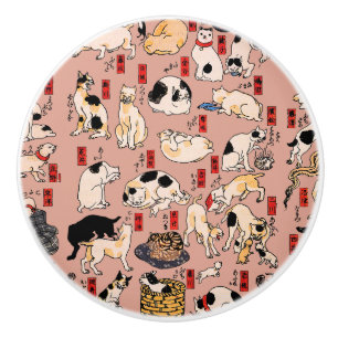 Bouton De Porte En Céramique chats japonais Ukiyo-e Funny kitty