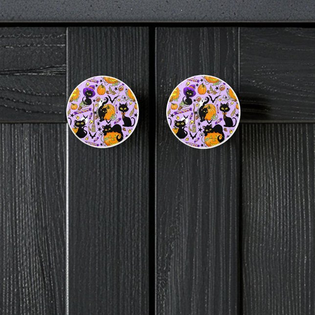 Bouton De Porte En Céramique Chats noirs citrouille Halloween Candy (Créateur téléchargé)