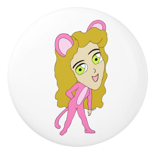 Bouton De Porte En Céramique chatte rose (Devant)