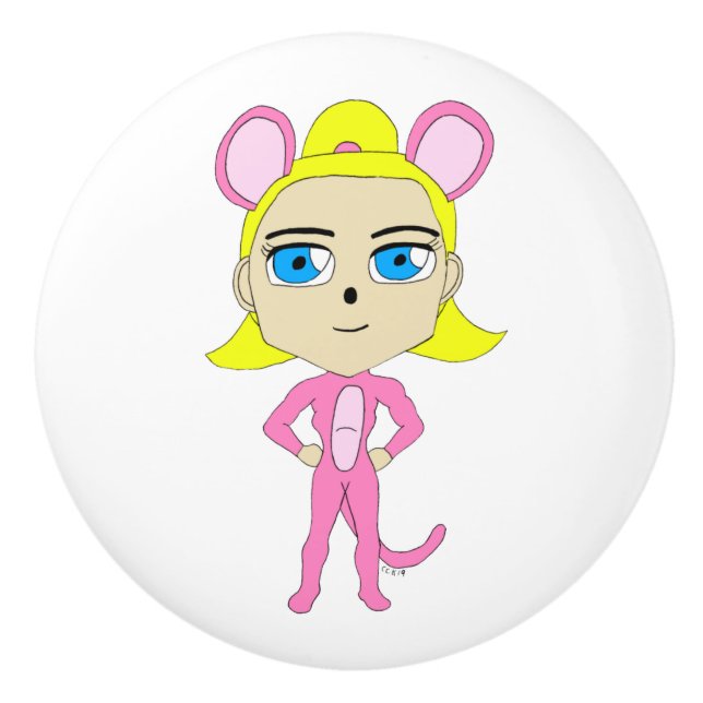Bouton De Porte En Céramique chatte rose (Devant)