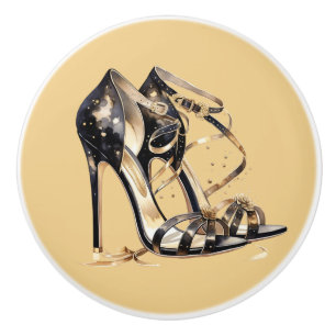 Bouton De Porte En Céramique Chaussures en Stilletto en Strappy Noir et Or