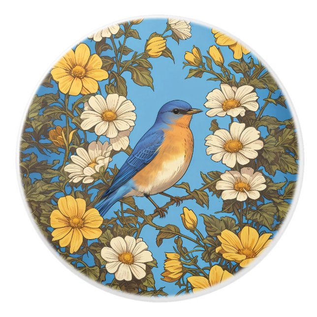 Bouton De Porte En Céramique Cheerful Eastern Bluebird Yellow and White Flowers (Devant)