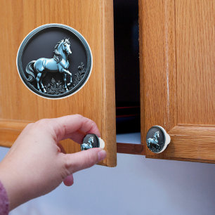 Bouton De Porte En Céramique Cheval Argent
