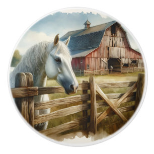 Bouton De Porte En Céramique Cheval blanc dans une ferme à la campagne