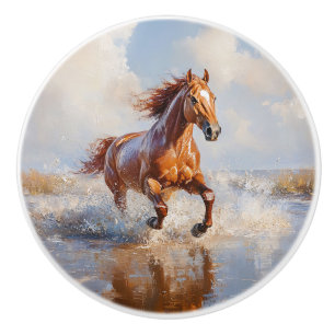 Bouton De Porte En Céramique Cheval Brun Châtaigne Courant sur la Plage