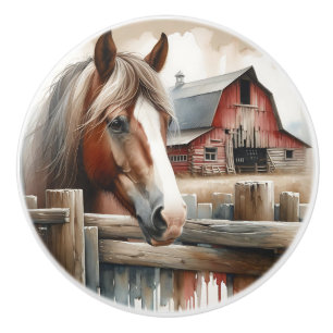 Bouton De Porte En Céramique Cheval brun et blanc et grange rouge rustique