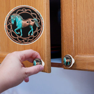 Bouton De Porte En Céramique Cheval Cuivre et Turquoise en noir