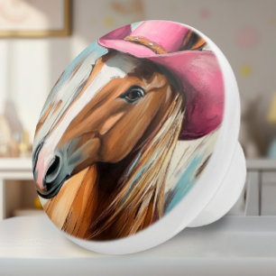 Bouton De Porte En Céramique Cheval de fille avec Casquette rose cerceau en cér
