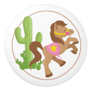 Bouton De Porte En Céramique Cheval et cactus de cow-girl