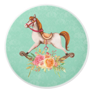 Bouton De Porte En Céramique Cheval Vintage à la roche avec bouquet floral