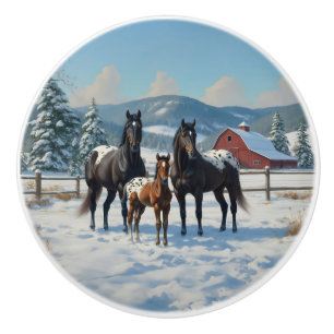 Bouton De Porte En Céramique Chevaux Appaloosa noirs sur une ferme en hiver