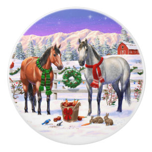 Bouton De Porte En Céramique Chevaux de Noël en neige