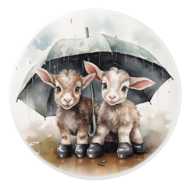 Bouton De Porte En Céramique Chèvres adorables dans la pluie (Devant)