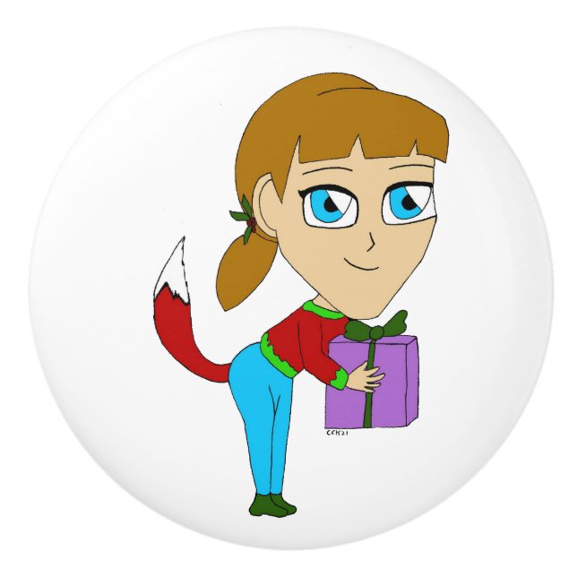 Bouton De Porte En Céramique chibi foxy fille (Devant)
