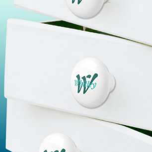 Bouton De Porte En Céramique Chic Minimal Monogramme Nom Turquoise Vert Blanc
