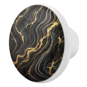 Bouton De Porte En Céramique Chic noir et or métallisé aspect marbre Glamour