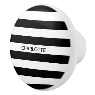 Bouton De Porte En Céramique Chic rayures noir et blanc nom personnalisé monog