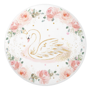 Bouton De Porte En Céramique Chic Swan Princess Pastel Blush Floral Gold