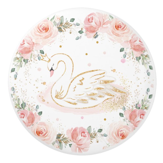 Bouton De Porte En Céramique Chic Swan Princess Pastel Blush Floral Gold (Devant)