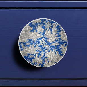 Bouton De Porte En Céramique Chic Vintage Bleu Foncé Toile De Jouy Française
