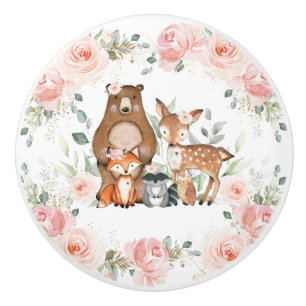 Bouton De Porte En Céramique Chic Woodland Animals Pastel Blush Floral Gold