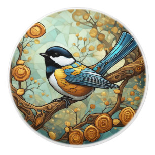 Bouton De Porte En Céramique Chickadee Bird Art Nouveau Art Déco Great Tit