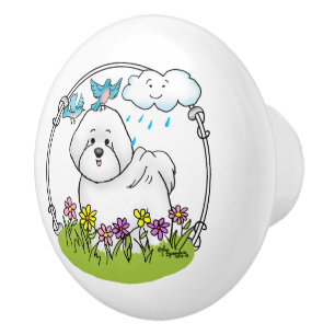 Bouton De Porte En Céramique Chien de levure Bichon de printemps avec fleurs -