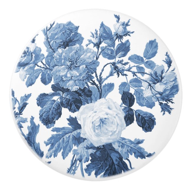 Bouton De Porte En Céramique Chinoiserie Anglais Rose Floral Delft Bleu Blanc (Devant)
