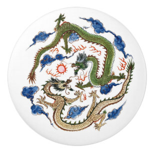 Bouton De Porte En Céramique Chinoiserie Famille Verte Dragons Perle Flamboyant