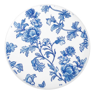 Bouton De Porte En Céramique Chinoiserie florale bleue et blanche 
