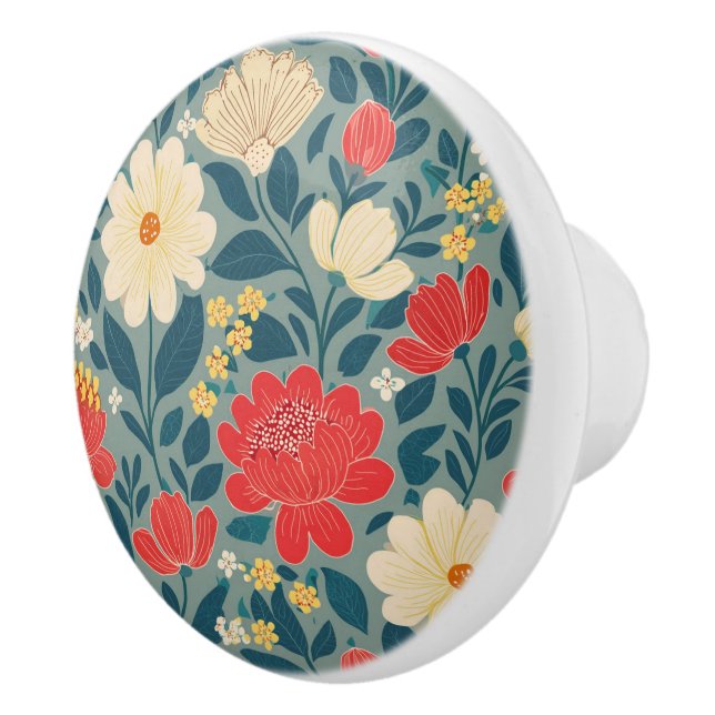 Bouton De Porte En Céramique Chinoiserie florale rouge, verte et crème (Droite)