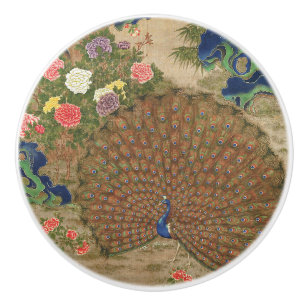 Bouton De Porte En Céramique Chinoiserie Paon Bleu avec Jardin de Fleurs Exotiq