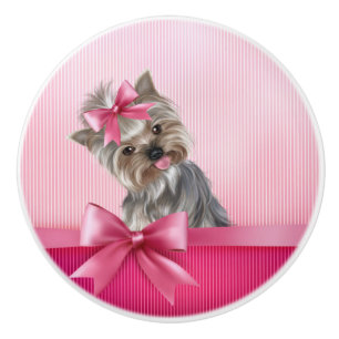 Bouton De Porte En Céramique Chiot rose de princesse Yorkie de Yorkshire