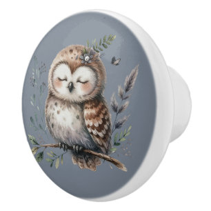 Bouton De Porte En Céramique Chouette à l'aquarelle mignonne avec style boisé f