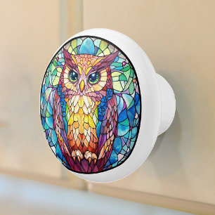 Bouton De Porte En Céramique Chouette à l'aquarelle Verre Teinté
