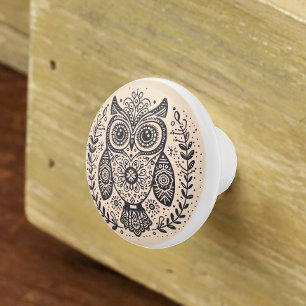 Bouton De Porte En Céramique Chouette Art Populaire Nordique Beige Noir