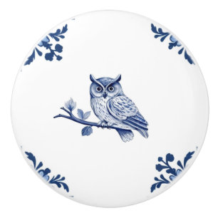 Bouton De Porte En Céramique Chouette avec Delft Blue et Blanc Corner Flourish