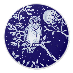 Bouton De Porte En Céramique Chouette bleu foncé Lune Bois Animal Floral Cobalt