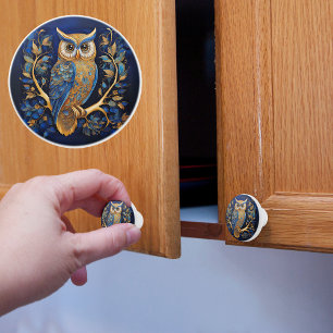 Bouton De Porte En Céramique Chouette bleue et or exquise