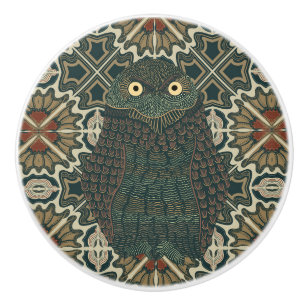 Bouton De Porte En Céramique Chouette bractée décorée tons Brown dorés