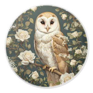 Bouton De Porte En Céramique Chouette effraie et roses blanches inspirées de Wi