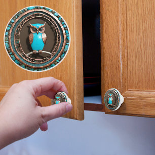 Bouton De Porte En Céramique Chouette en cuivre et turquoise