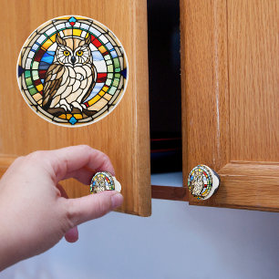 Bouton De Porte En Céramique Chouette en faux vitrail